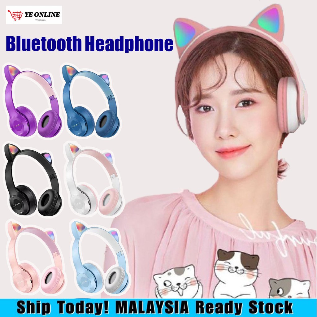 P47M Bluetooth Wireless Cat Ear Headphones Over Foldable Headset with