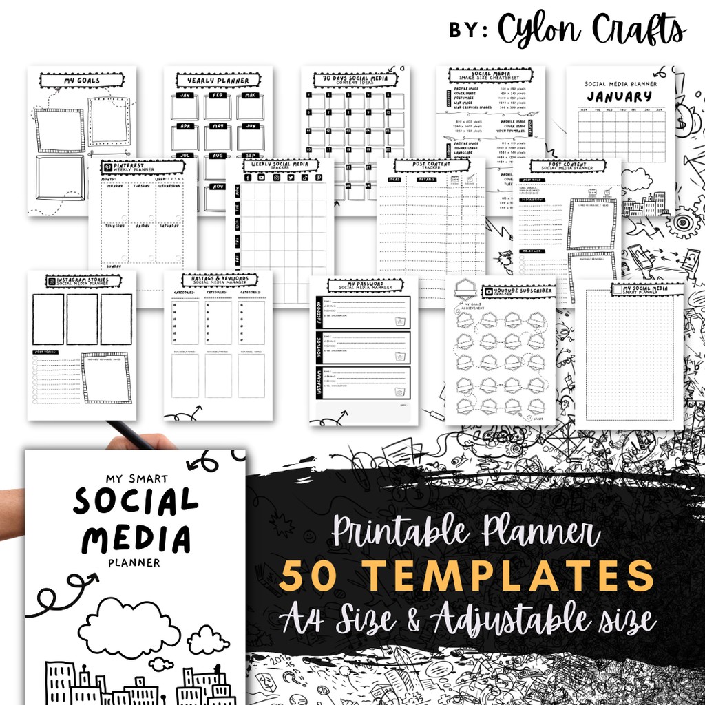 PRINTABLE SMART Social Media Planner-Classic Doodle Theme, post content ideas tracker templates, INSTANT DOWNLOADS