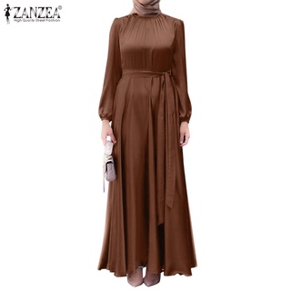 Image of ZANZEA Women Long Sleeve Lace-up Back Buttons High Waist Muslim Long Dress