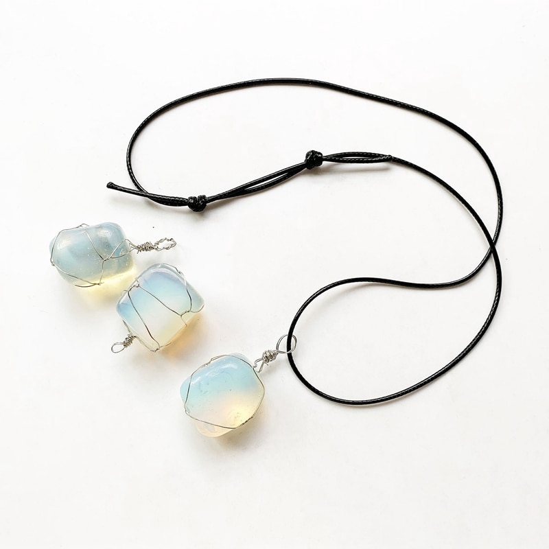 Opalite Crystal Tumbled Stone Pendant Copper Wire Wrapped Necklace Cord ...