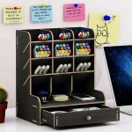 GDeal Office Student Desktop Multi Layer Pen Holder Wooden Desk Organizer Stationery Storage With Drawer