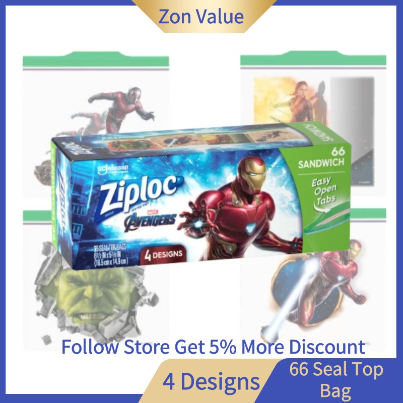 ZIPLOC Sandwich Bag 66pcs Marvel Avengers Ironman Hulk 4 Designs Seal Top Bags zip lock plastic