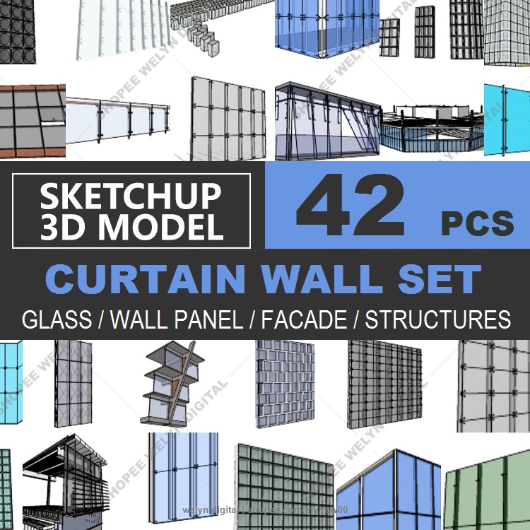 SketchUp 3D Model 2021 Glass Curtain Wall Structure Set 42 for home