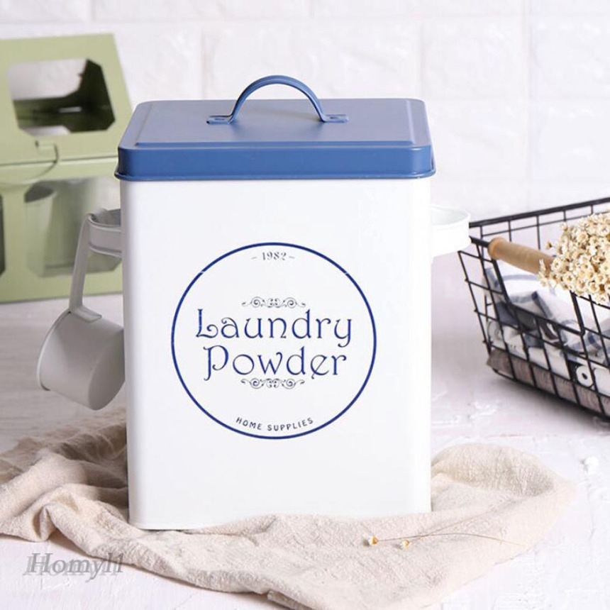 Metal Laundry Detergent Powder Storage Tin Canister w/Lid Scoop 9.3x6x7 ...