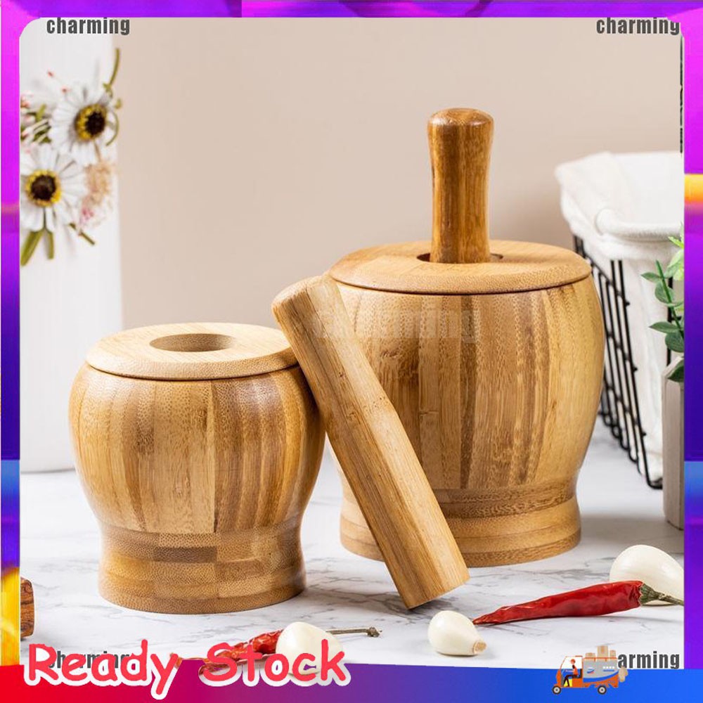 ❉Grinding Set Bamboo Mortar And Pestle Pedestal Bowl Garlic Pot Spice Pepper Salad Mill Kitchen Tools