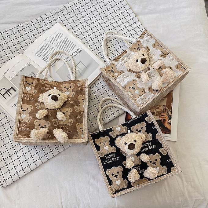 Japan Teddy Bear Doll Mini Small Handbag Linen Polyester Handle Korea Beg Comel Cartoons Young Girl Vintage Fashion Bags