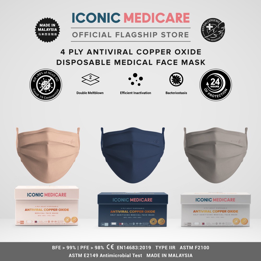Iconic 4 Ply Antiviral Copper Medical Face Mask - Plain (30/50pcs) #1