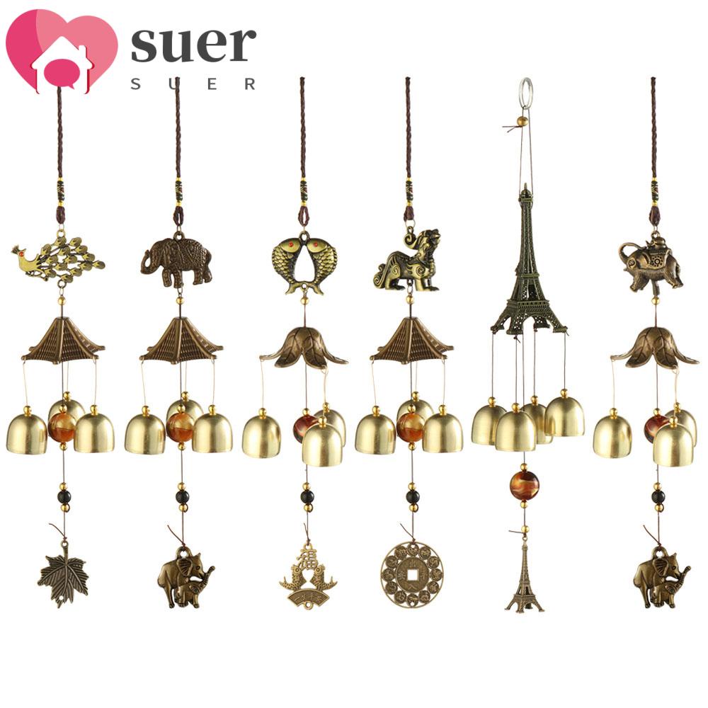 SUER Gift Retro Metal Wind Chime Balcony Window Lucky Charms Hanging Ornament Home Decoration Outdoor Garden Yard Peacock Kylin Tower Chinese Style Elephant Fishes