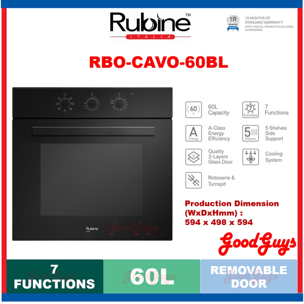 Rubine RBOCAVO60BL BuiltIn Oven 60L / 7 Functions / Time Control