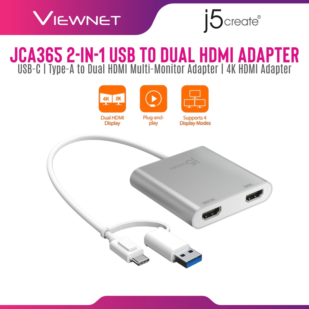 j5create JCA365 2in1 USB to Dual HDMI Adapter, USBC /TypeA to Dual