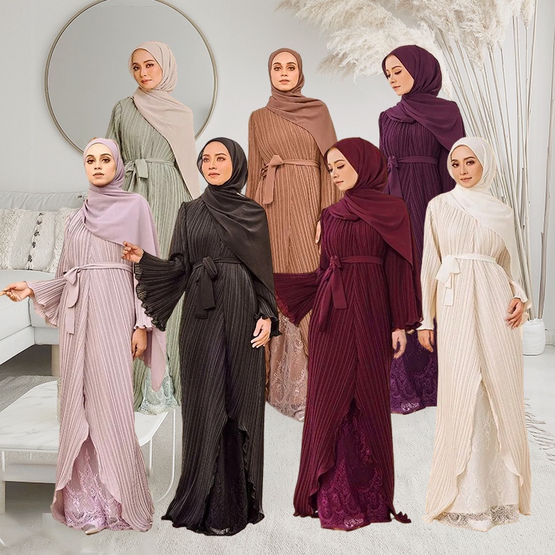 👗👗muslimah Moden Pleated Ironless Jubah Long Dress Abaya Pleated Jubah Muslimah Dress Lace 8076