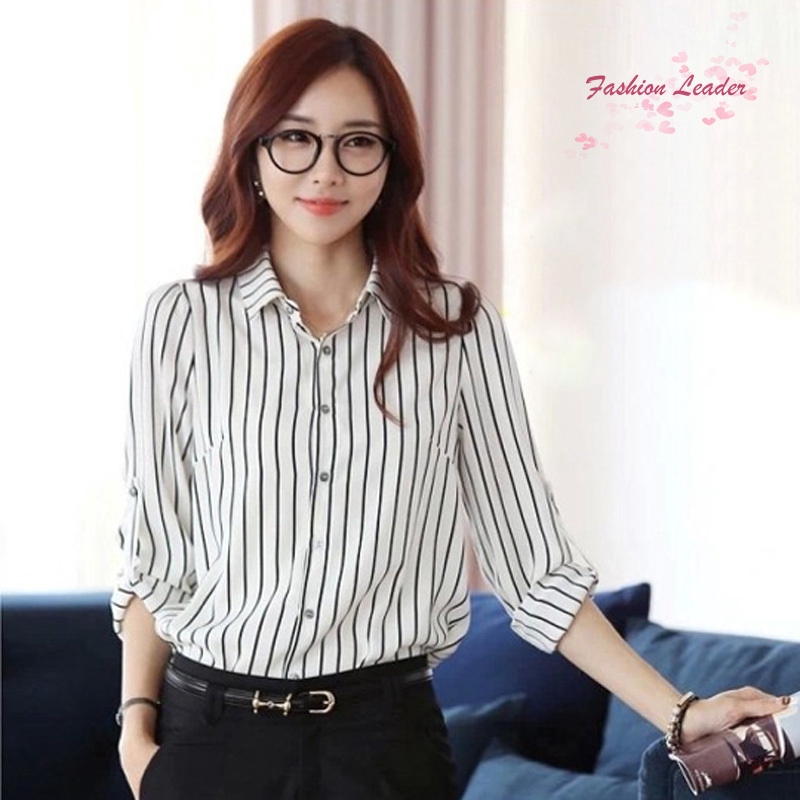 New Blouse  OL Ladies  Long Sleeve White Black Stripe Blouse  