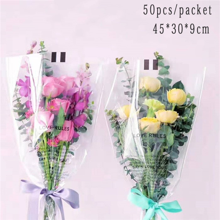 50 PCS Single Rose Sleeve Plastic Flower Wrapping Bags Cellophane Flower  Sleeves