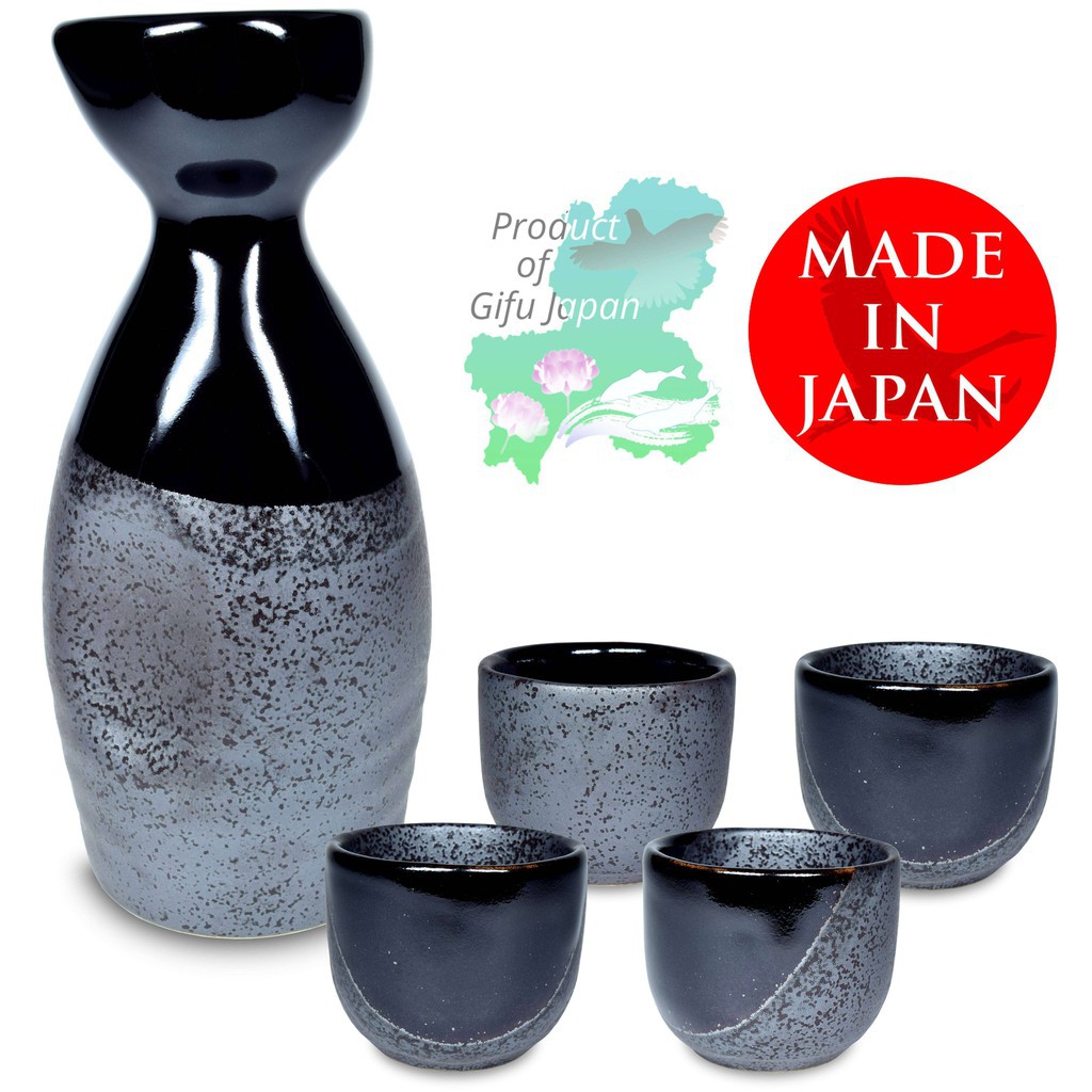 Mino Ware Traditional Japanese Sake Set Tokkuri Bottle and 4 Ochoko