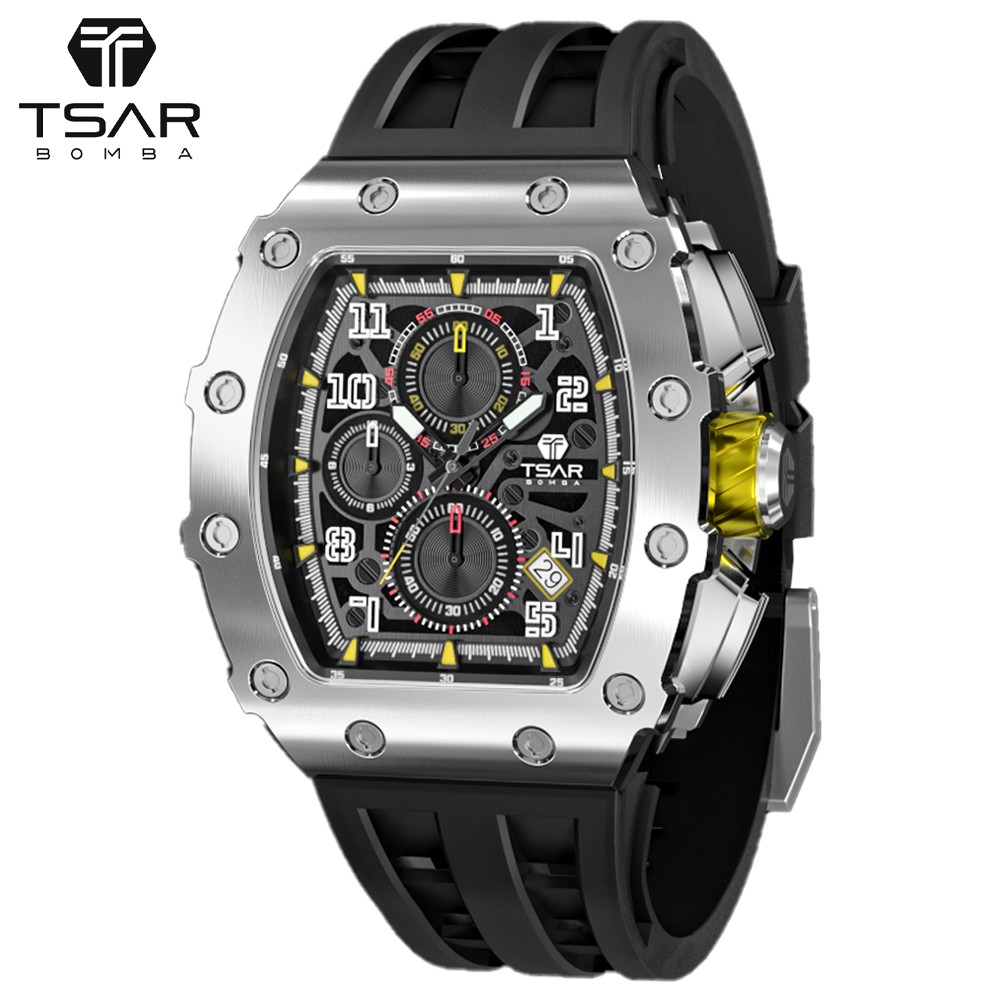 TSAR BOMBA Watch Men Luxury Brand Tonneau Design 100M Waterproof 316L Stainless Steel Wristwatch Sport Chronograph Styli