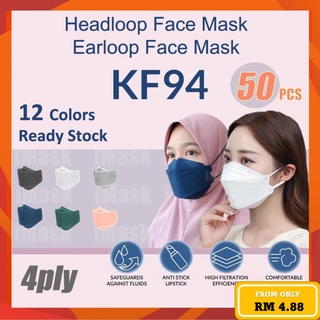 [Ready] 50pcs KF94 4ply Face Mask Korean Design Mask Earloop Headloop Hijab Mask Comfort Black Mask Hitam Topeng Muka