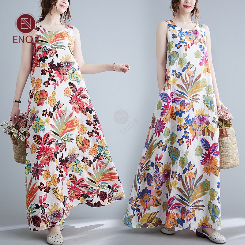 ENO plus size women's retro literary loose print sleeveless cotton and linen dress in stock