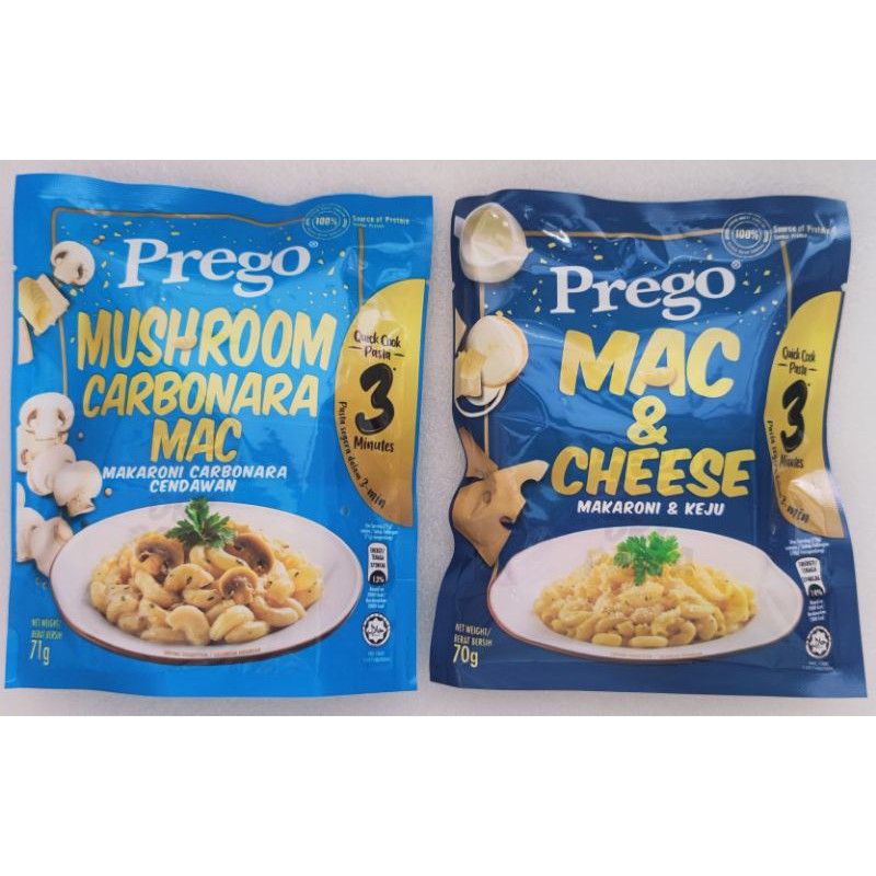 Prego Quick Cook Pasta 3 Minute Mushroom Carbonara Mac71g/ Mac & Cheese 70g