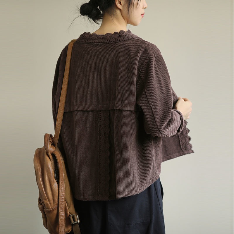 Have Durable Women New Style Classic Simple Large Size Corduroy Long-Sleeved Jacket Loose Lace Trim Design Quality - Image 4