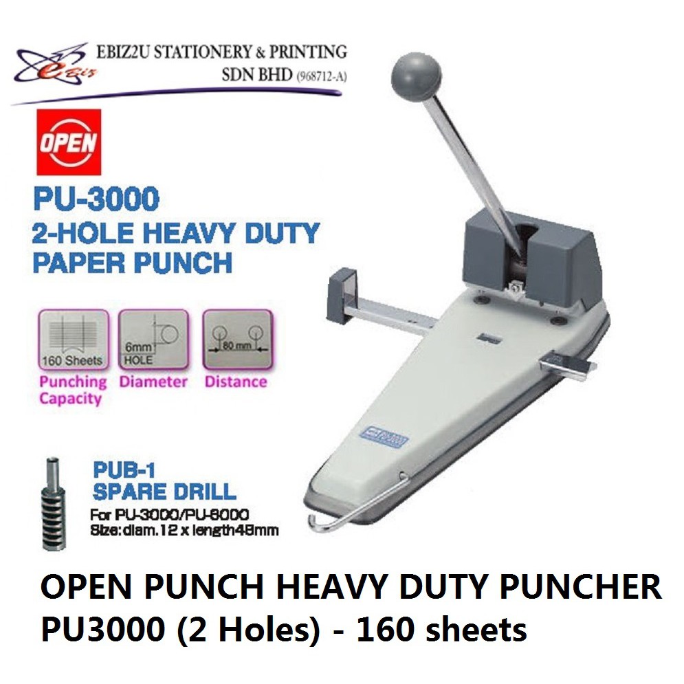 OPEN PUNCH HEAVY DUTY PUNCHER PU3000 2 Hole 160 sheets 2 Hole