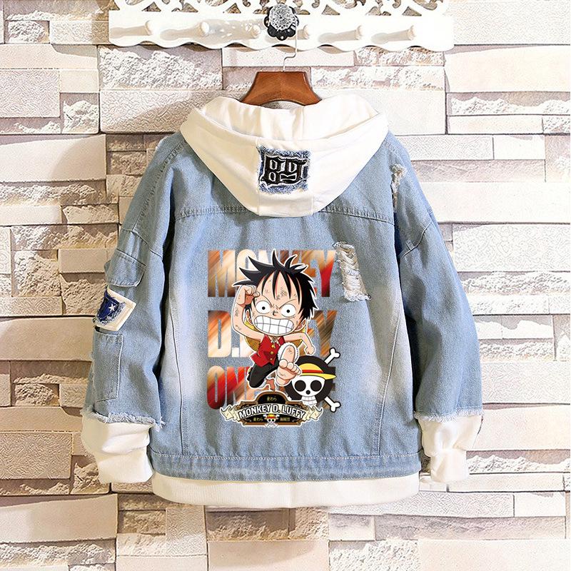 A Denim Jacket Sightseeing One Piece Anime Road Fly Couple Hooded Coat Shopee Malaysia