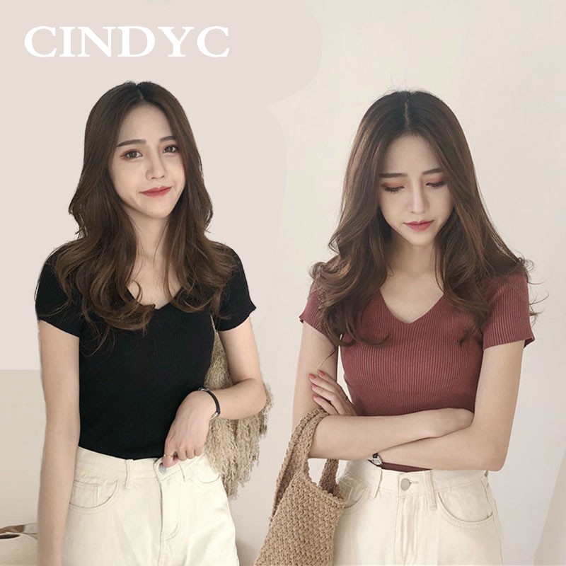 Womens Casual Knit V Neck Short Sleeved T Shirt New Korean Slim Base Shirt Solid Color Knitted