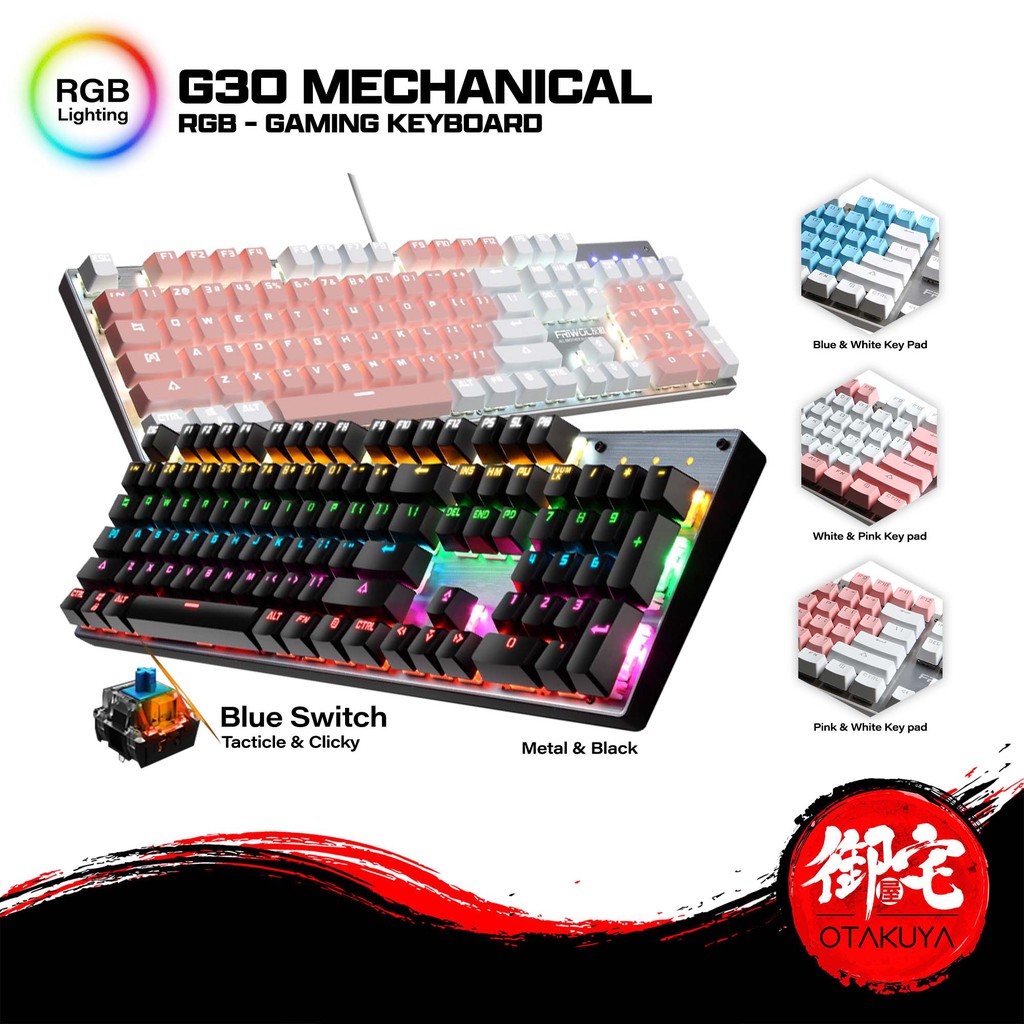 (NEW ARRIVAL) FRIWOL G30 RGB 104 Keys Blue Switch Mechanical Ergonomic Gaming Keyboard with Metal Panel