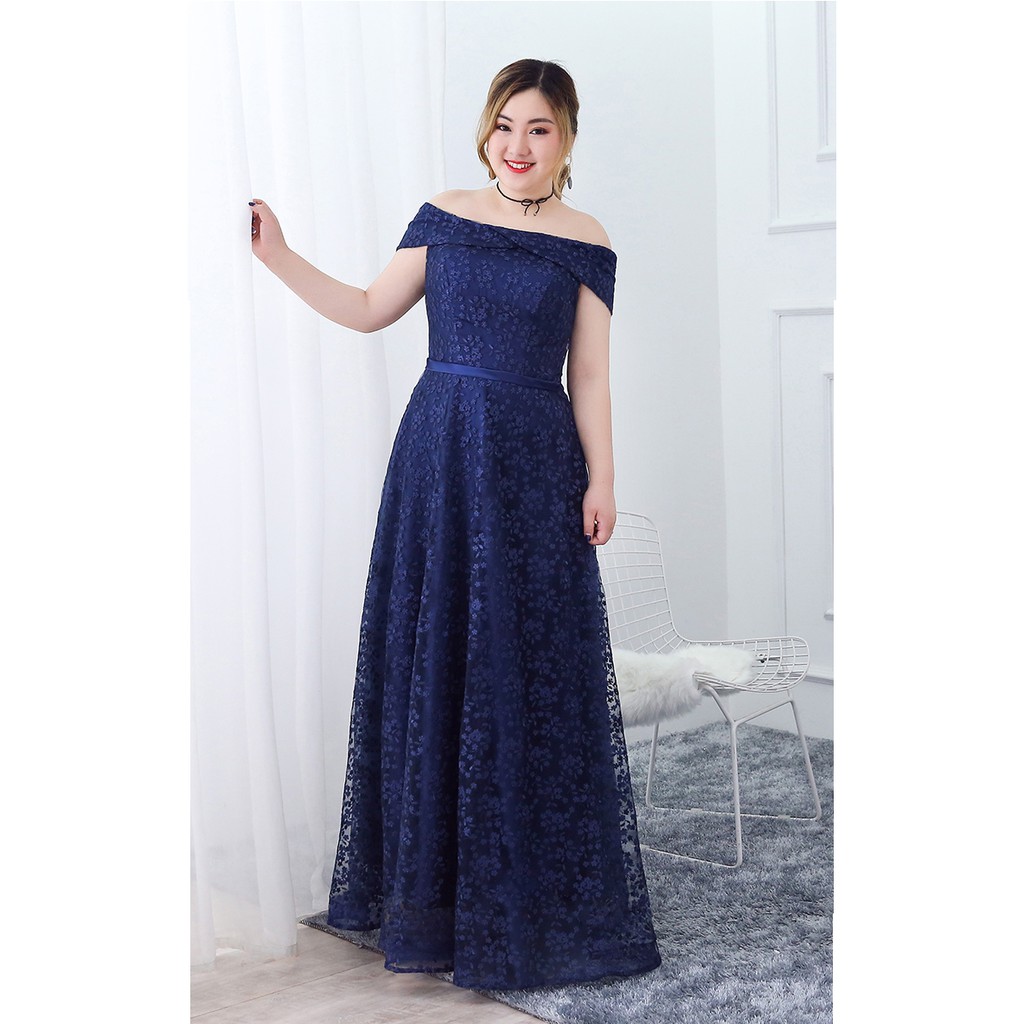 navy blue off shoulder gown