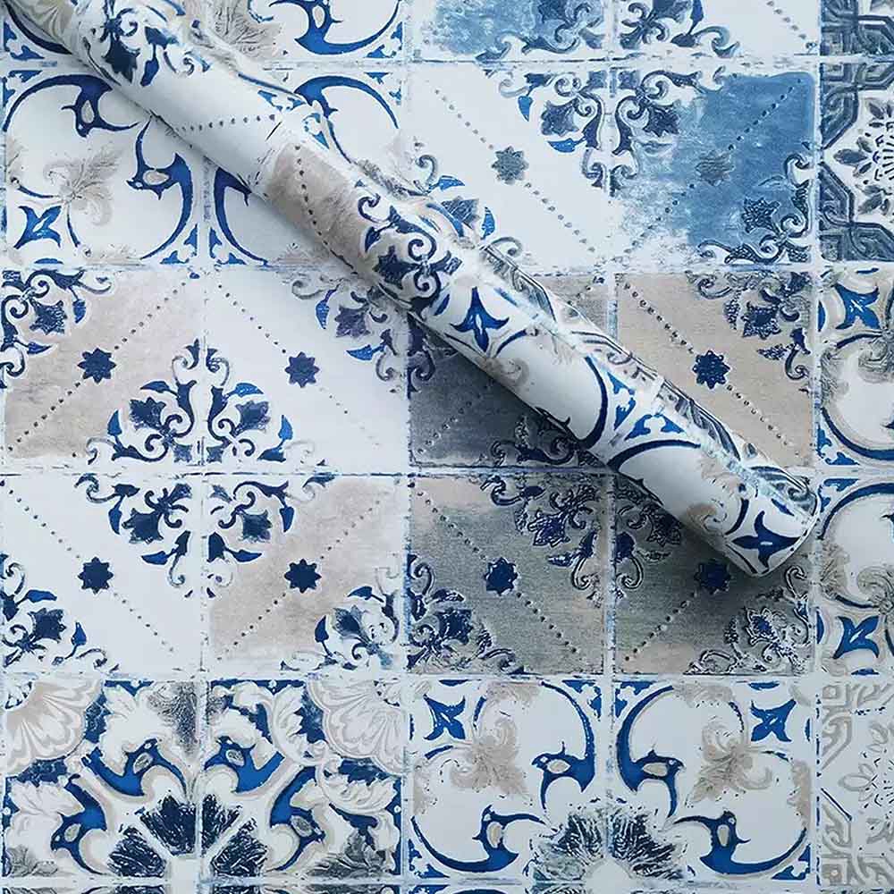 Decorative Blue Damask Contact Paper Wallpaper Self Adhesive Vinyl