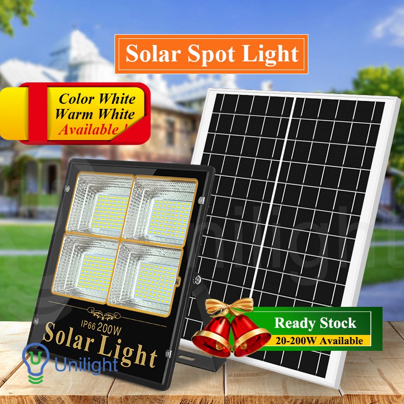 Solar Panel Spot Light LED 30-300w outdoor lamp pasar malam lampu water proof (White) (Warm White) With Remote Control