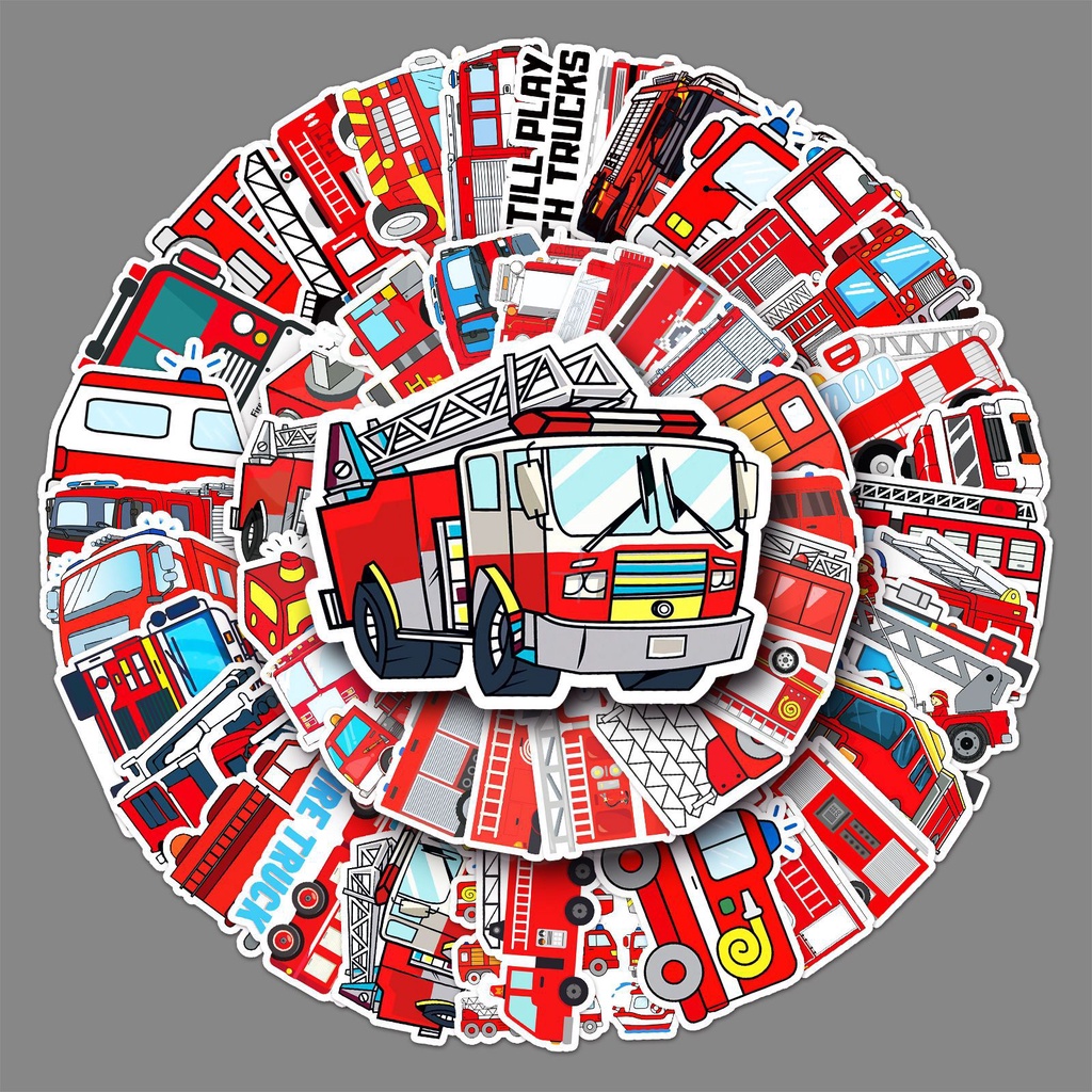 50PCS Cartoon Red Fire Truck Series Kids Stickers Luggage Laptop IPad Guitar Gifts Journal Waterproof Stickers