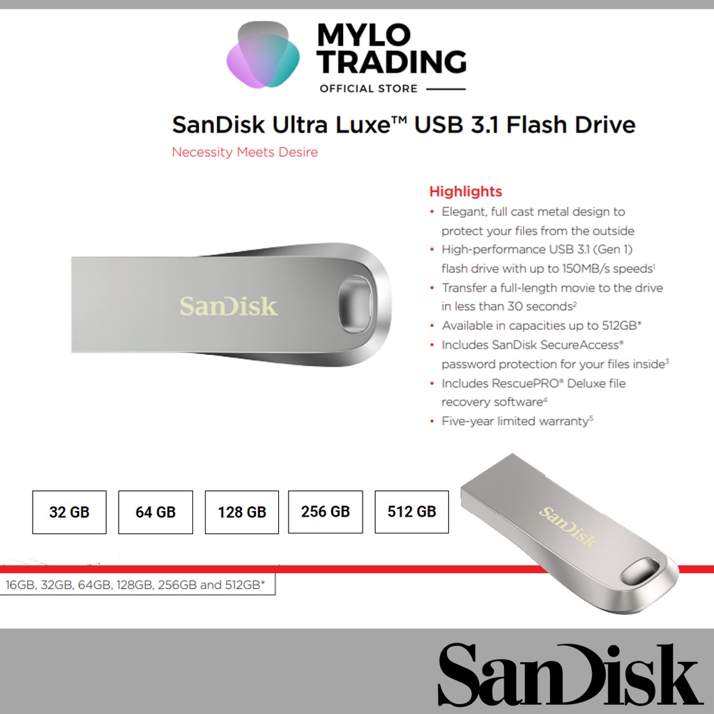 SanDisk Ultra Luxe USB 3.1 CZ74 Flash Drive - ( 32GB / 64GB / 128GB