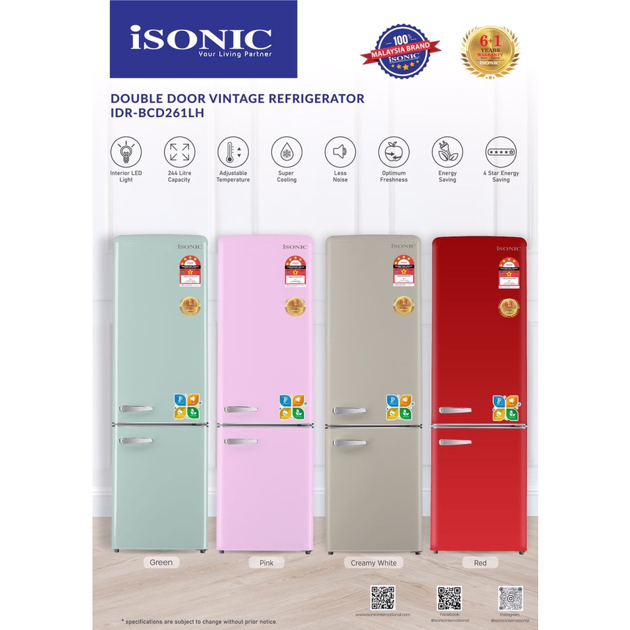 iSONIC (SMEG) DOUBLE DOOR VINTAGE REFRIGERATOR MDRBCD261LH 181L (RED