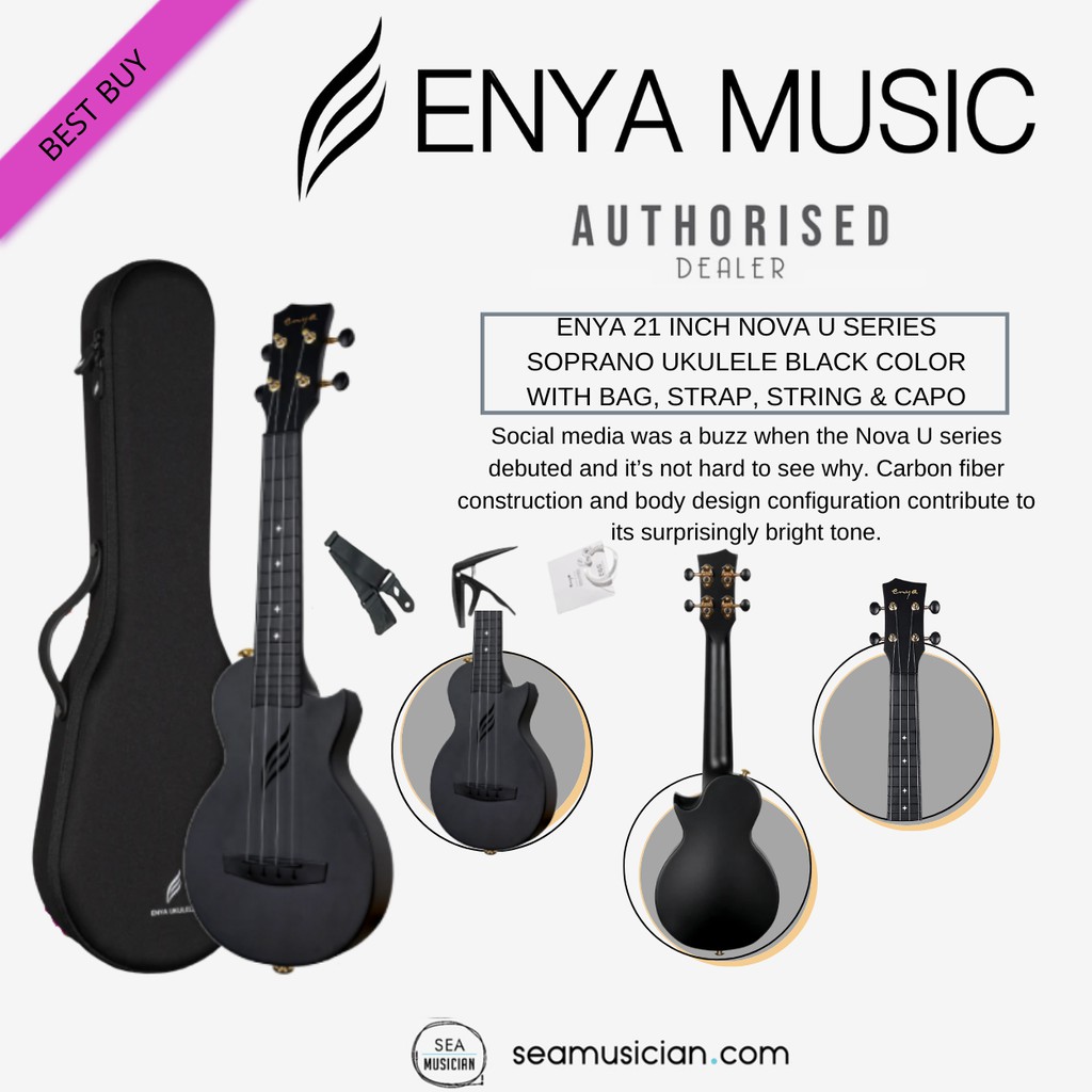 ENYA 21 INCH NOVA U SERIES SOPRANO UKULELE BLACK COLOR WITH BAG, STRAP