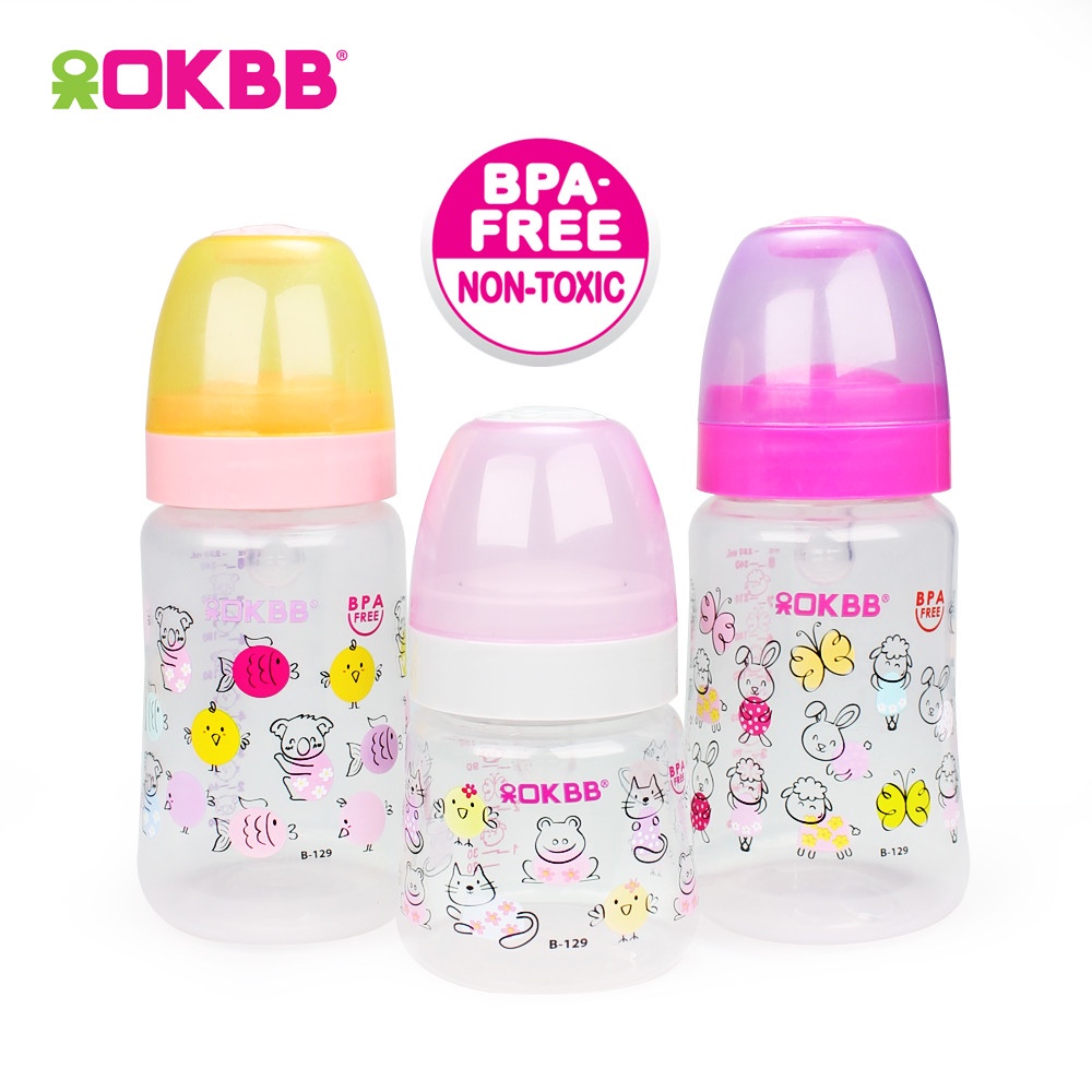 OKBB 3-in-1 Cartoon Wide Neck Triple Pack Feeding Bottle with Wide Neck Teats 2 x 8 Oz (240ml) & 1 x 4 Oz (120ml) B129