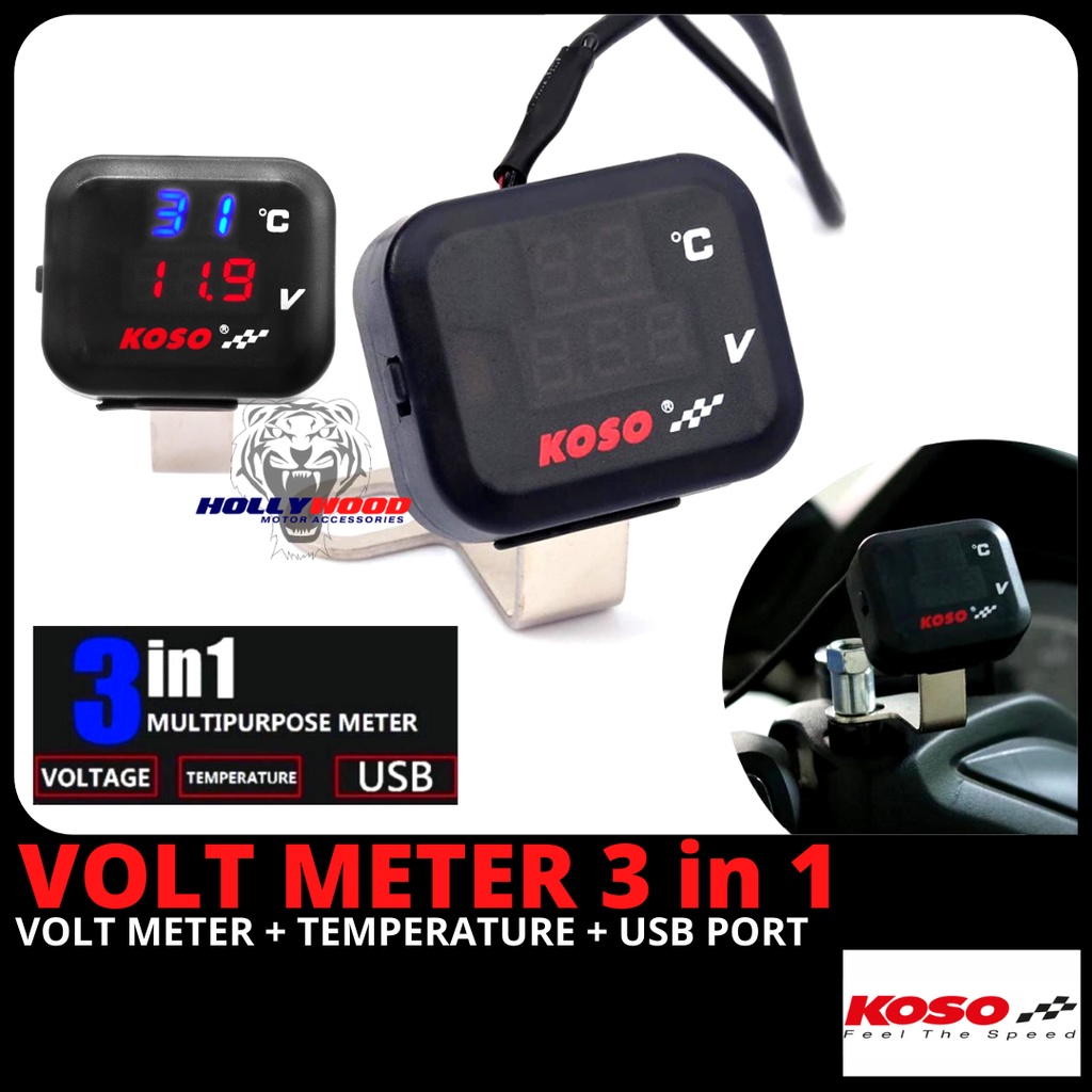 KOSO VOLT METER (3 IN 1) DIGITAL LED OUTDOOR TEMPERATURE + USB PORT CHARGES M + VOLT METER