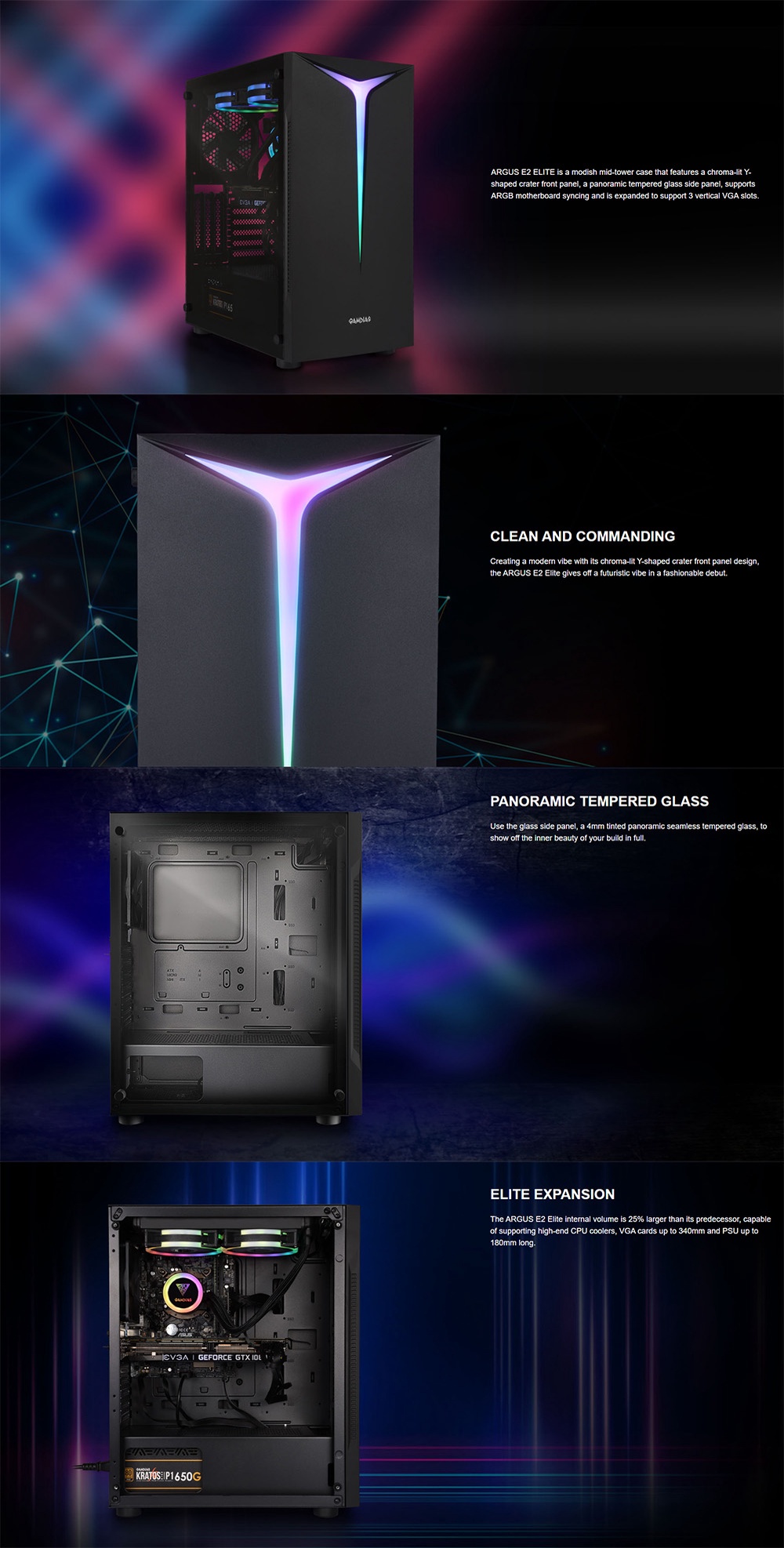 Gamdias Argus E2 Elite Mid-tower Pc Case Atx Gaming Desktop Casing Rgb 