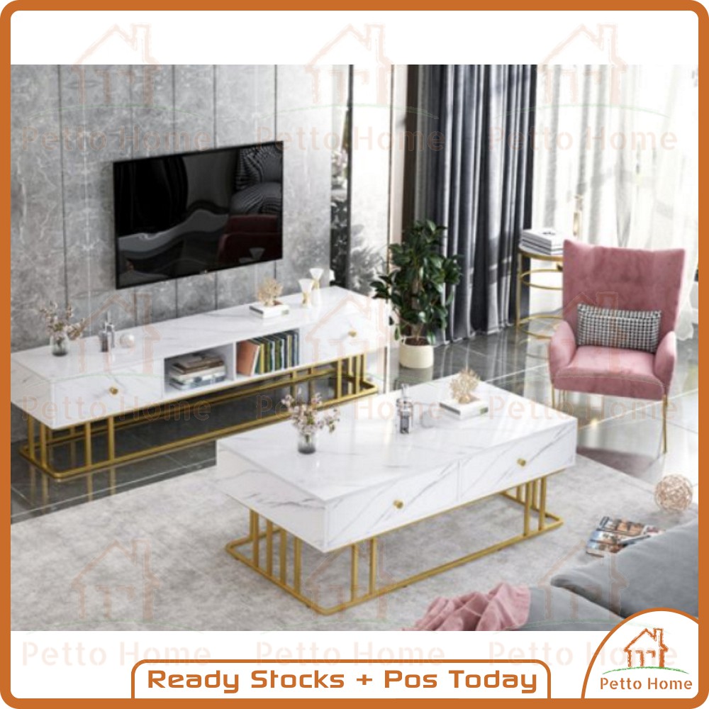 Modern Coffee Table TV Fashion Gold White Theme Simple Dining