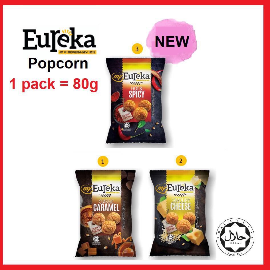 HALAL Eureka Popcorn Cheese,Caramel,Spicy Favour Snack 80g ( 1 pack