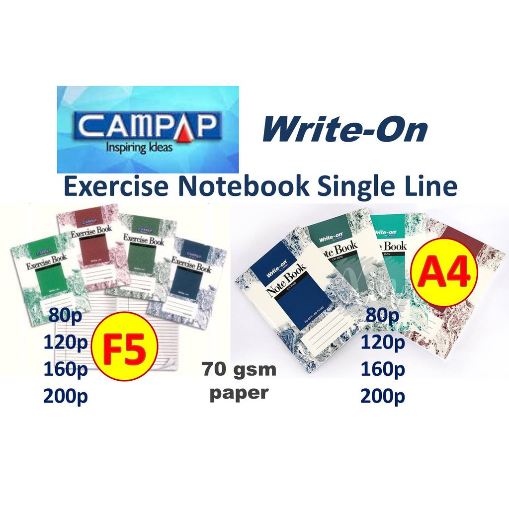 CAMPAP WriteOn A4 Exercise Book F5 Notebook 70gsm 80s, 120s, 160s