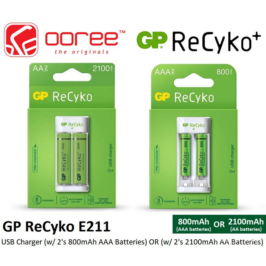 GP E211 USB BATTERY CHARGER 2 SLOT WITH 2'S AAA 800MAH / 2'S AA 2100MAH NIMH RECHARGEABLE BATTERIES iNKu