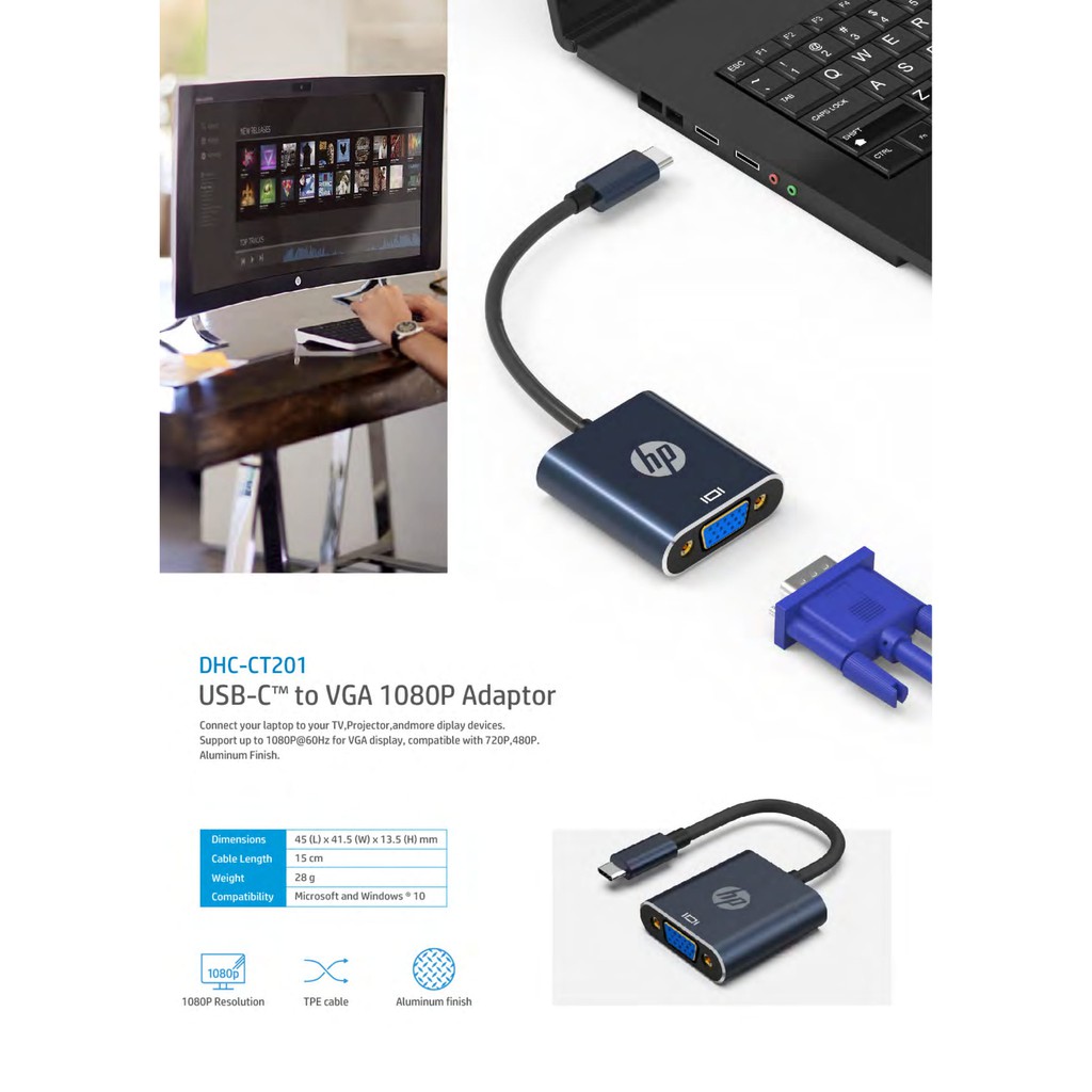 Hp Dhc Ct1 Usb C To Vga 1080p Adaptor Dhc Ct1 Shopee Malaysia