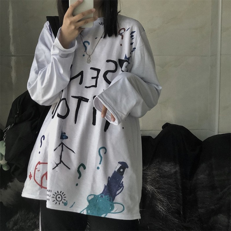 Newkelly Women Casual Long-Sleeved Japan Korean T Shirt Printed with Round Collar Blouse