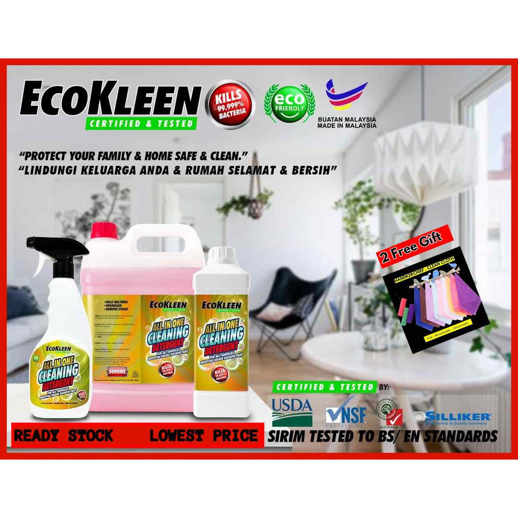 Eco Kleen All In One Anti Bacteria Cleaning Detergent - Ready Stock 500ml (Free Gift)