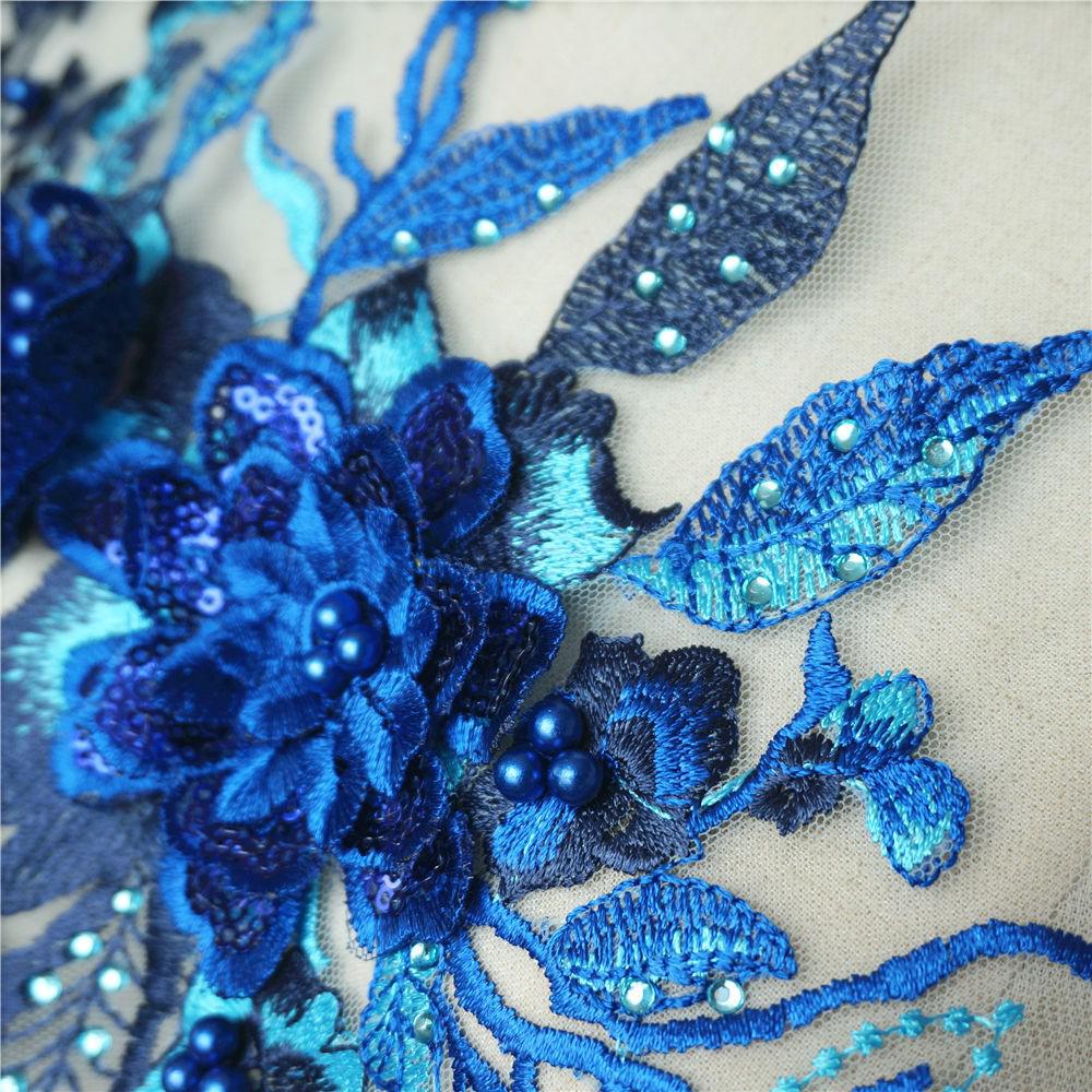 Large Royal Blue Embroidery 3D Flower Pearl Rhinestone Applique Lace ...