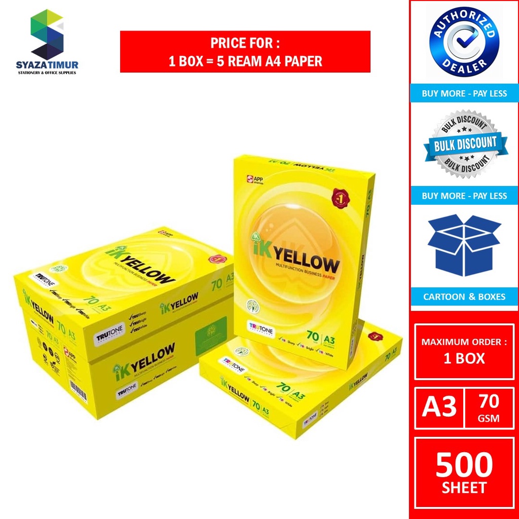 [ST-GR MY] 1 BOX IK Yellow A3 Paper 70GSM (500s x 5 Ream) | Kertas ...