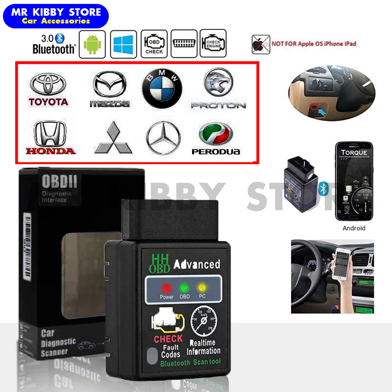 ELM327 Bluetooth OBD2 CAN BUS Check Engine Car Auto Diagnostic Scanner Tool Interface Android PC Perodua Campro Proton
