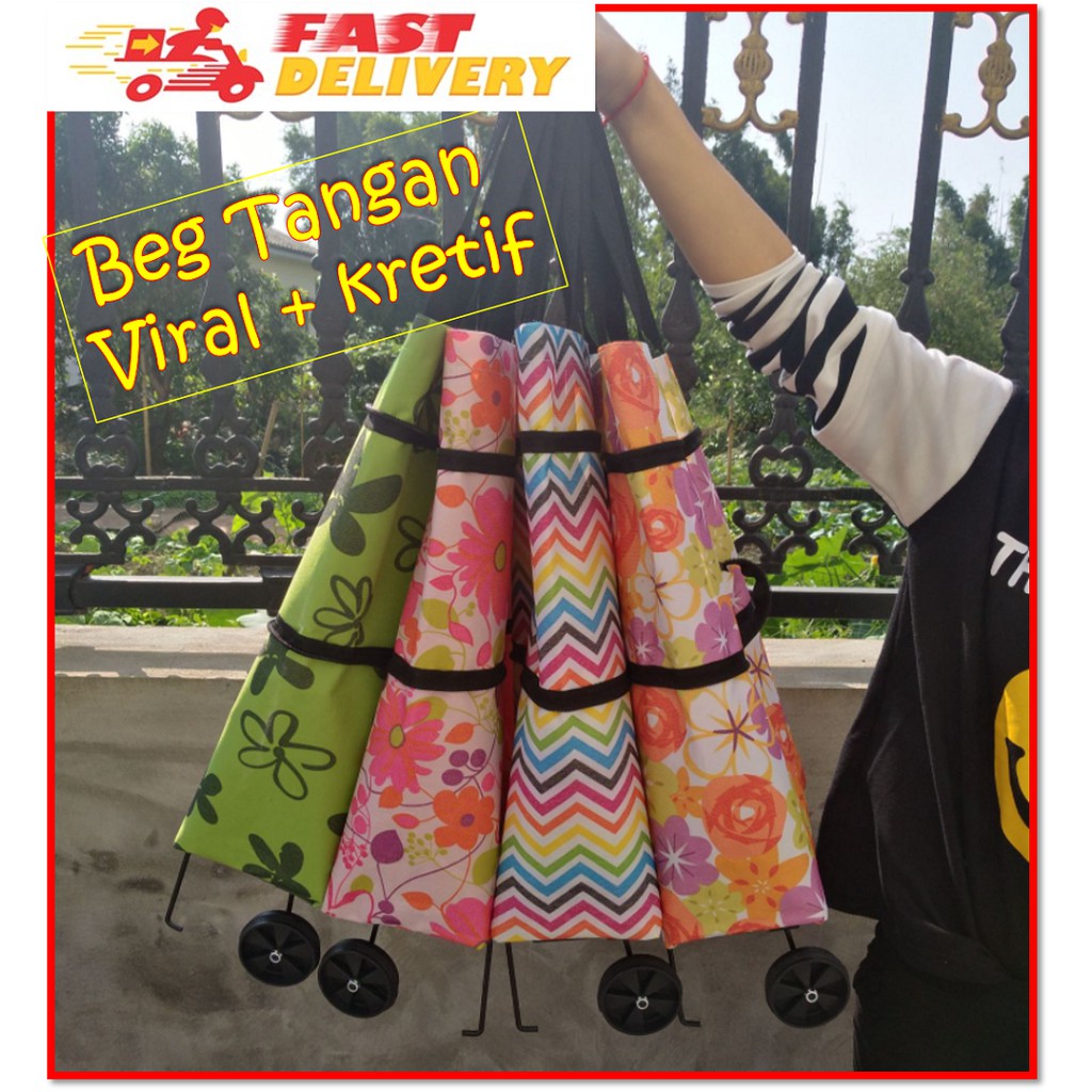Troli Beg Beroda Foldable Shopping Grocery Trolley Nylon Bag Storage Trolley Bag On Wheels Bags Folding Portable Grocery