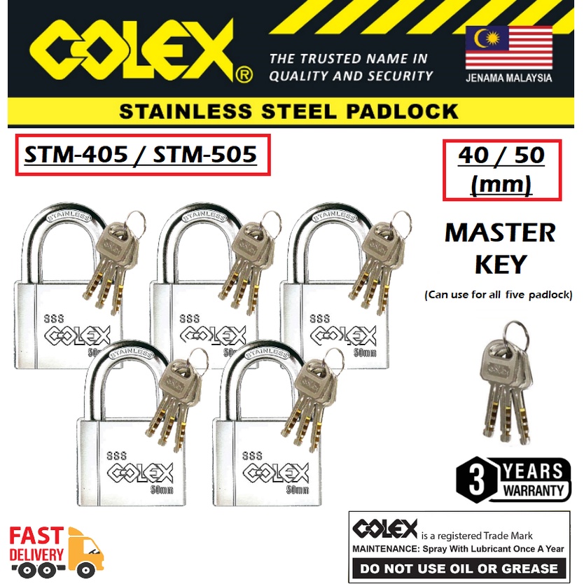 COLEX 5PCS MASTER KEY STM-405 / STM505 50 40 mm SSS Stainless Steel Padlock Kunci Mangga Rumah Heavy Duty