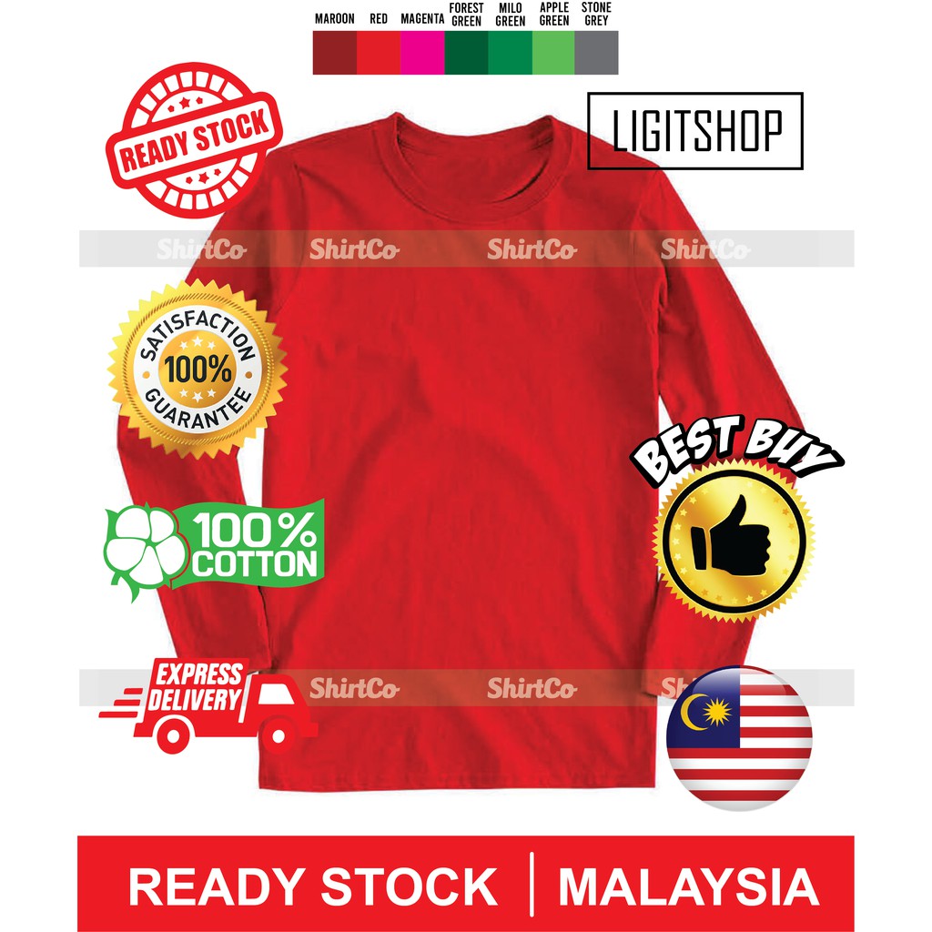 Cotton Long Sleeve Plain Ready Stock T Shirt Kosong Baju Lengan Panjang